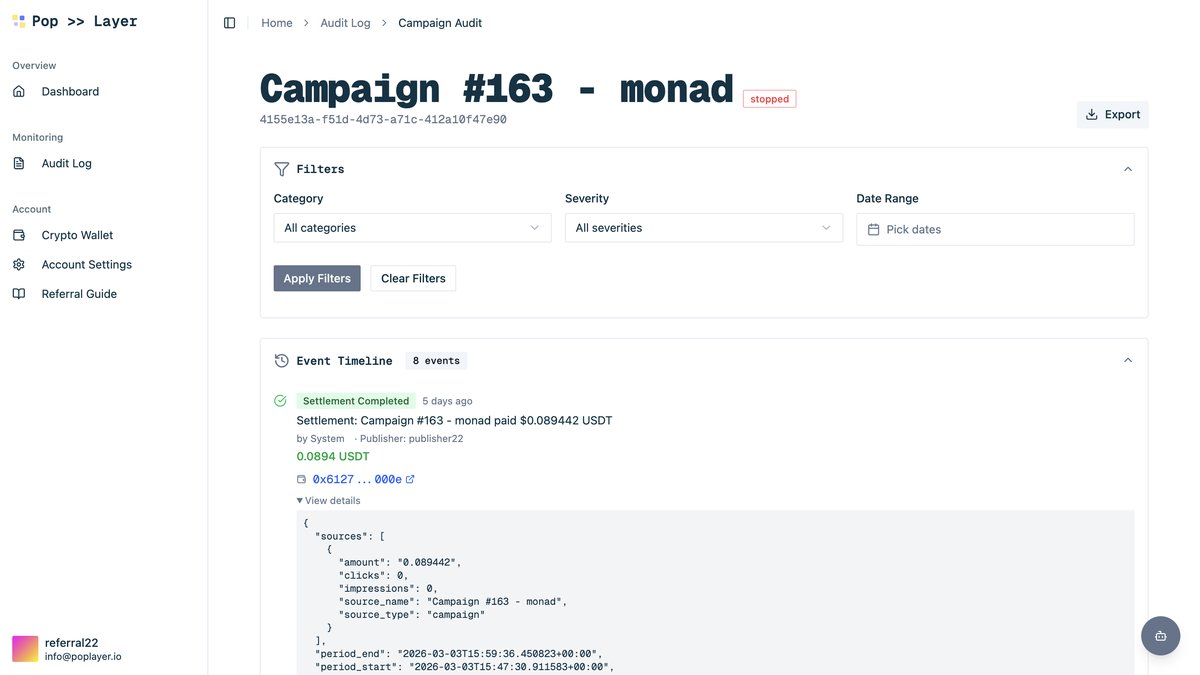 Settlement JSON detail view showing amounts, oracle signature, and transaction hash