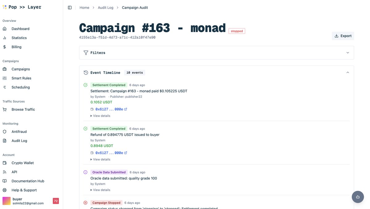 Audit Log timeline showing chronological events for a single campaign