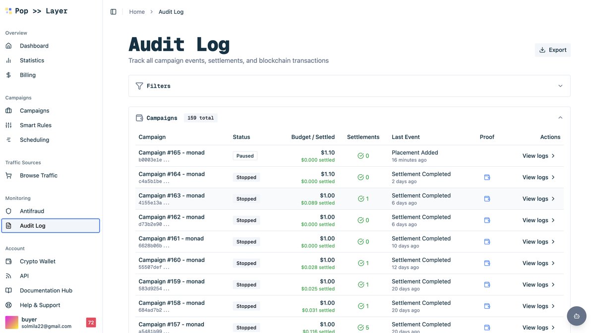 Audit Log campaign list showing campaigns with event counts